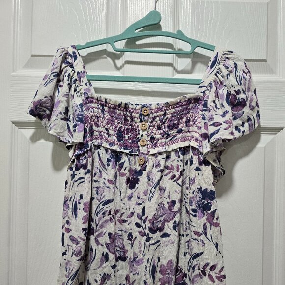 Maurices Ladies Top Blouse Large Purple Floral Flutter Sleeves Smocked Fairycore - Picture 1 of 3